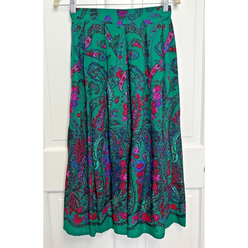 Vintage Claude Mid Skirt Womens 7/8 Green Paisley Floral Sophisticates Boho